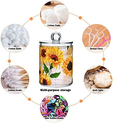 2 Pack Sunflower Qtip Holder Dispenser with Lid, 14 oz Clear Plastic Apothecary Jar Set for Bathroom Vanity Organizers Storage Containers