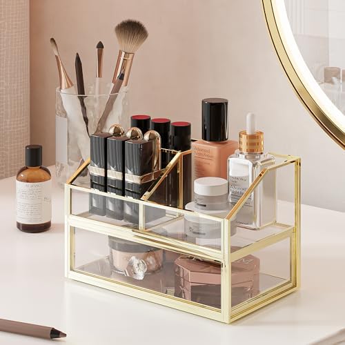 FSyueyun Glass Makeup Organizer with Drawer for Vanity, Clear and Gold