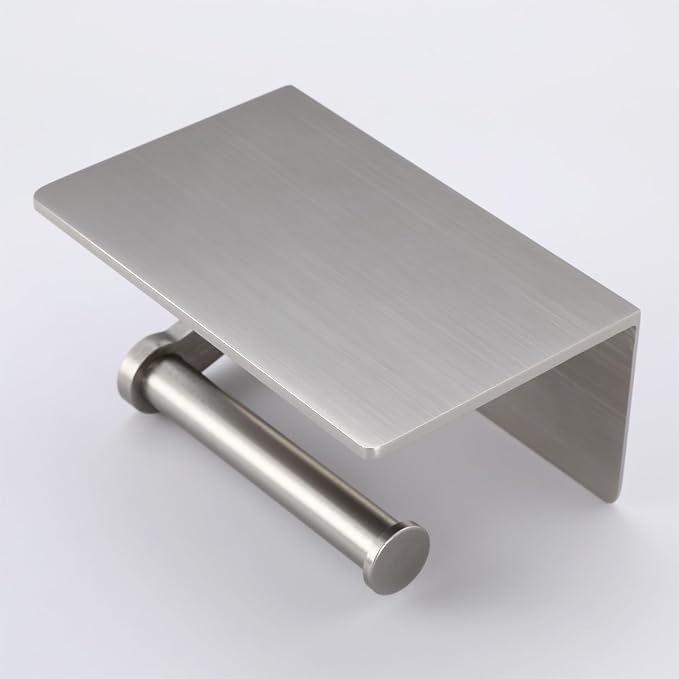 Toilet Paper Holder with Shelf - Toilet Tissue Holder with Cell Phone Shelf for Bathroom - Toilet Paper Roll Holder with Wipes Storage, Wall Mounted by Adhesive Tape or Screw - Brushed Nickel