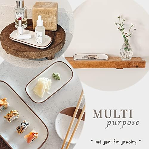 Mora Ceramic Decorative Tray - Rectangle 6.4in Dish for Jewelry, Perfume, Makeup, Accessories, Candle, in the Bathroom Vanity, Bedside, or Kitchen Counter. Cute Organizers - White