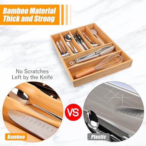 Bellsal Bamboo Silverware Drawer Organizer, Kitchen Utensil Drawer Organizers, 12"x15.7" Utensils Holder Cutlery Tray with Grooved Drawer Dividers for Kitchen Flatware Bedroom Office(7 Slot, Natural)