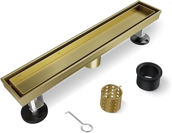 Shower Drain, 18 Inch Titanium Gold Linear Shower Drain with Removable Tile Insert Grate, 2 in 1 Bathroom 304 Stainless Steel Brushed Gold Shower Floor Drain with Adjustable Feet,Hair Filter