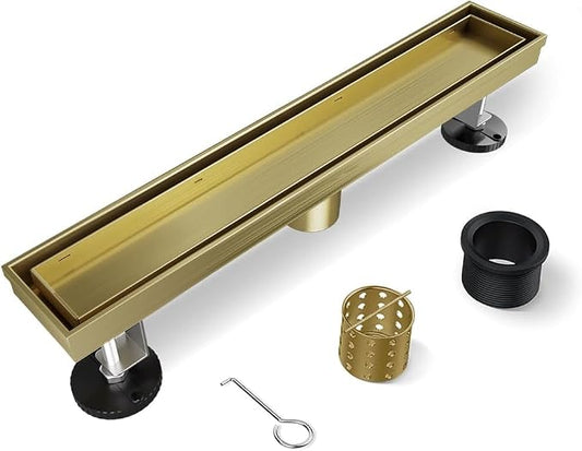 Shower Drain, 18 Inch Titanium Gold Linear Shower Drain with Removable Tile Insert Grate, 2 in 1 Bathroom 304 Stainless Steel Brushed Gold Shower Floor Drain with Adjustable Feet,Hair Filter