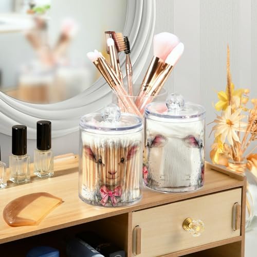 MNSRUU 4 Pack Qtip Holder Organizer Dispenser Cute Sheep Pink Bathroom Storage Canister Cotton Ball Holder Bathroom Containers for Cotton Swabs/Pads/Floss