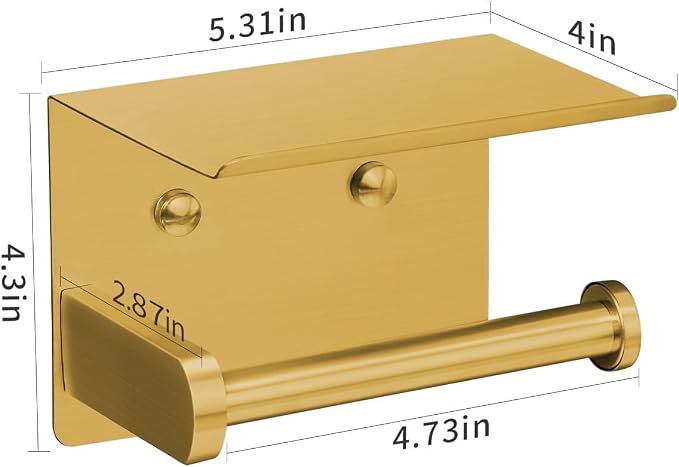 VAEHOLD Self Adhesive Toilet Paper Holder with Phone Shelf Stainless Steel Wall Mounted Toilet Paper Roll Holder - Rustproof and Bathroom Washroom Tissue Roll Holder with Storage Shelf - Gold