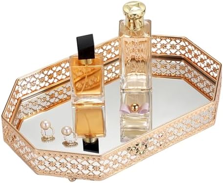 Hipiwe Gold Glass Perfume Tray for Dresser Bathroom Makeup Vanity Trays