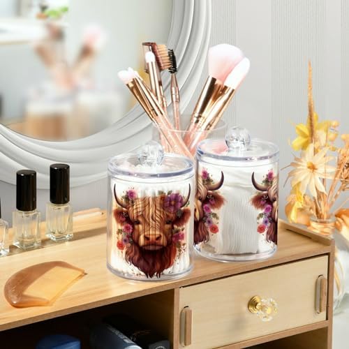 MNSRUU 2 Pack Qtip Holder Organizer Dispenser Highland Cow Pink Bathroom Storage Canister Cotton Ball Holder Bathroom Containers for Cotton Swabs/Pads/Floss
