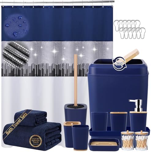 Bathroom Accessories Set with Sequin Shower Curtain, Navy Blue Bathroom Set with Trash Can,Towel Set,Shower Curtain Set