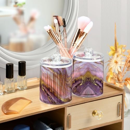 MNSRUU 4 Pack Qtip Holder Organizer Dispenser Marble Purple Gold Bathroom Storage Canister Cotton Ball Holder Bathroom Containers for Cotton Swabs/Pads/Floss
