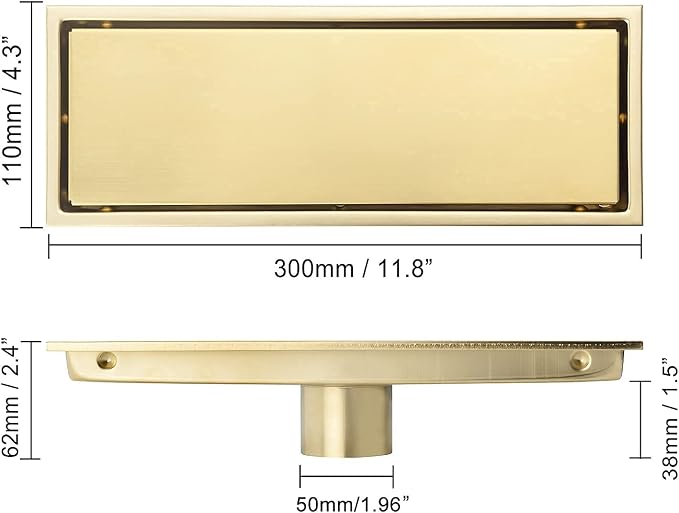 Linear Shower Drain Pipe 12 Inches Brushed Gold, with Tile Insert Grille, Detachable Hidden Cover, SUS304 Stainless Steel Rectangular Floor Drain