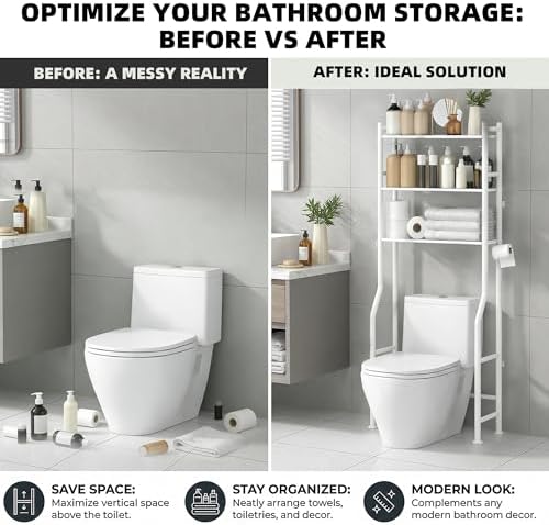 GloTika 3-Tier Over Toilet Storage, Anti-Tilt, 64" H, White