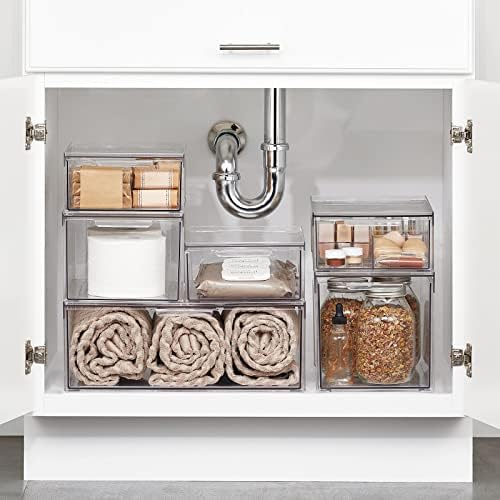 mDesign Plastic Stackable Bathroom Storage with Pull Out Bin Organizer Drawer for Cabinet, Vanity, Shelf, Cupboard, Cabinet, or Closet Organization - Lumiere Collection - 2 Pack - Clear
