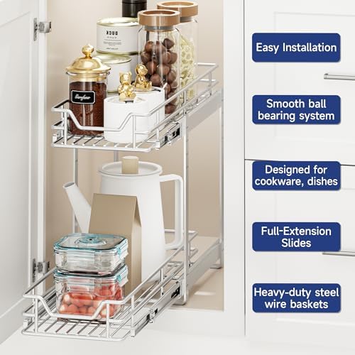 2-Tier Pull Out Cabinet Organizer, 5.5" W x 21.5" D, Heavy Duty Dual Slide Out Shelves for Narrow Base Cabinets, Chrome Wire Basket Drawer for Spices, Bottles & Snacks