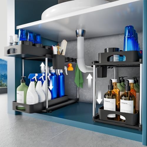 VERIFOST 2 Pack Under Sink Organizer, 2 Tier Under Sink Organizers and Storage for Kitchen Bathroom, Height Adjustable Cabinet Organizer with Two Slide-Out Drawers,Black