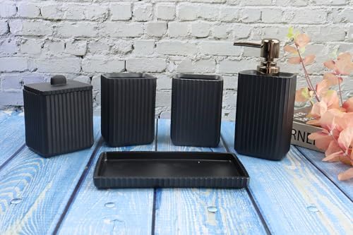 Hymmah Black Bathroom Accessories Set,Unique Design Bathroom Set 5 Pcs Resin Gift Set Apartment Necessities, Contain Cotton Swab Jar,Soap Dispenser,Soap Dish/Tray,Tumbler