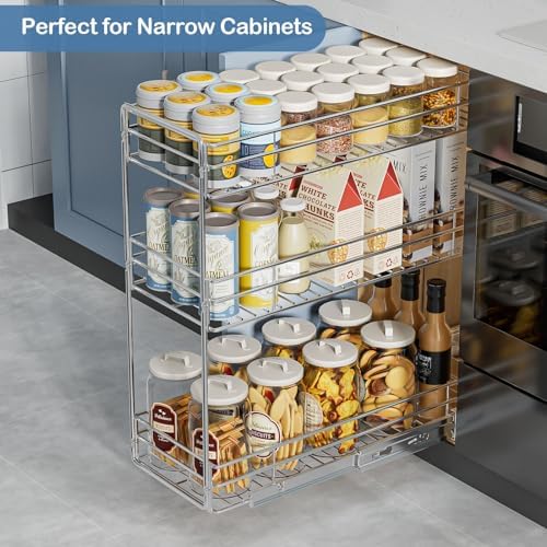 ROOMTEC 3-Tier Pull Out Cabinet Organizer for Narrow Cabinet (8.5" W X 20.5" D), Kitchen Cabinet Organizer and Storage Cabinet Pull Out Shelves Under Cabinet Storage for Kitchen, Chrome