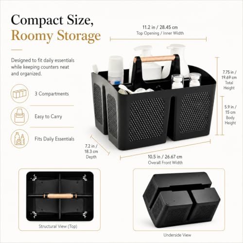 Haundry Plastic Shower Caddy with Wooden Handle, Portable 3-Compartment Bathroom Organizer Basket with Drainage Holes, Quick Dry Shower Basket for Dorm, College, Cleaning Supplies
