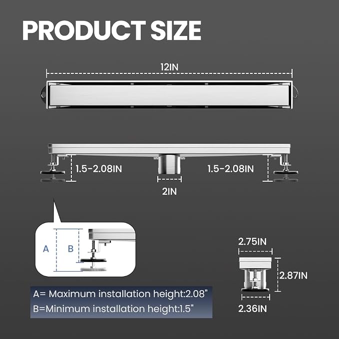 Linear Shower Drain 12 Inch, Shower Drain with 2-in-1 Tile Insert Panel, Brushed AISI 304 Stainless Steel Linear Drain for Fast Drainage, Floor Drain for Bathroom, Kitchen, Garage & More