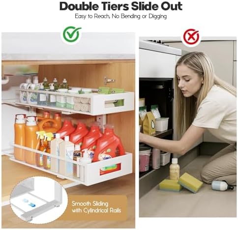 2 Packs 21IN Depth Under Sink Organizer, 2-Tier Pull Out Cabinet Organizer With Smooth Circular Rail, Large Capacity Metal Mesh Sliding Drawers For Bathroom& Kitchen Storage,Height Adjustable –White