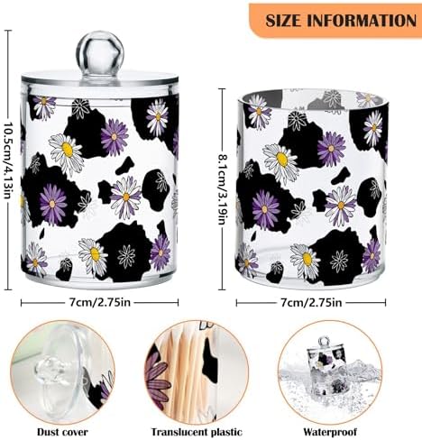 Daisy Flower Cow Print 4 Pack Plastic Qtips Holder Bathroom Organizer Canisters for Cotton Balls/Swabs/Pads/Floss,Plastic Apothecary Jars for Vanity