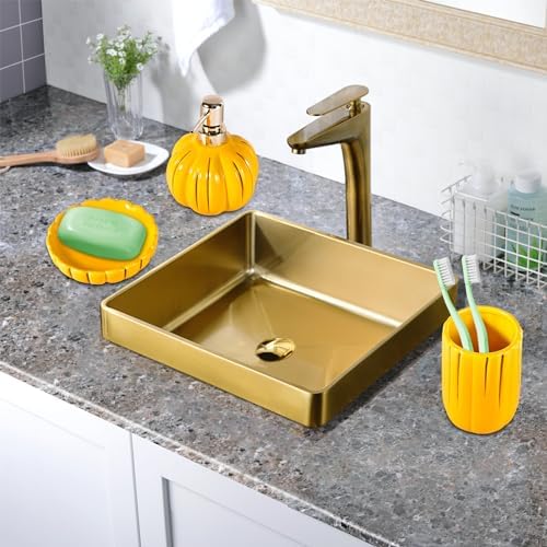Fall Bathroom Accessories Set of 3, Thanksgiving Pumpkin Bathroom Decor, Ceramic Bathroom Sets Complete -Toothbrush Holders, Soap Dispenser, Soap Dish, Bathroom Organizer for Countertop