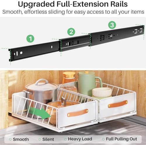 Pull out Cabinet Organizer,Heavy Duty Slide out Pantry Shelves Drawer Storage with Adhesive Nano Film,Sliding Mesh Cabinet Basket with Handle for Kitchen, Bathroom, Home, 13.8"W X 21"D X 6.2"H,White