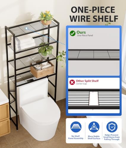 4-Tier Over The Toilet Storage Rack, Bathroom Organizer with One-Piece Metal Mesh Shelves, Over Toilet Shelf with Adjustable Feet & Anti-Tip Kit, Space-Saving Bathroom Storage, Black