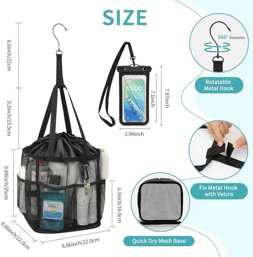 Shower Caddy Portable, Mesh Shower Caddy Hanging with Waterproof Phone Pouch Black, Large Capacity Shower Bag for College Dorm Room Essentials, Quick Dry Shower Basket for Gym, Camping, Swimming