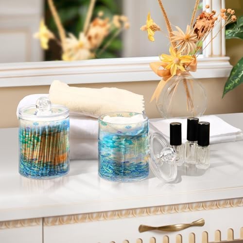 MNSRUU 2 Pack Qtip Holder Organizer Dispenser Peacock Bathroom Storage Canister Cotton Ball Holder Bathroom Containers for Cotton Swabs/Pads/Floss