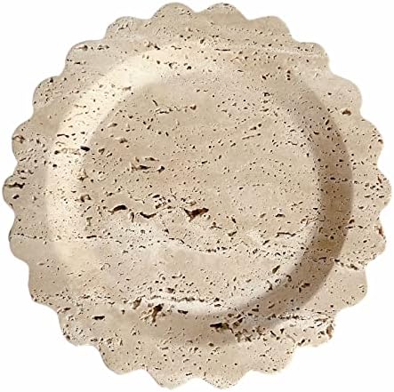 Travertine Marble Tray Round Scalloped Tray Small Serving Platter for Counter, Bathroom, Kitchen, Nightstand, Jewelry Ring Dish Holder (Beige Travertine)