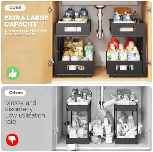 Under Sink Organizer, 2-Tier Dual Pull Out Cabinet Organizer Drawers With Smooth Circular Rail, Large Capacity Metal Mesh Sliding Shelves For Bathroom& Kitchen Storage,Height Adjustable–Black,2 Packs