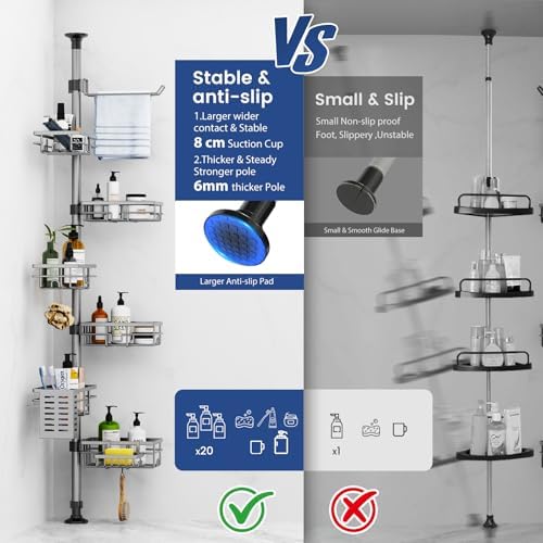 Corner Shower Caddy Organizer Tension Pole, Adjustable 6 Shower Shelves Corner Shelf 30-120Inch Rustproof Shower Rack for Inside Shower, Extra Towel Bar Soap Dish Bathroom Organizers and Storage Gray