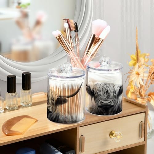 Apothecary Jars Bathroom Storage Organizer with Lid - 14 oz Qtip Holder Dispenser, Highland Cow Clear Plastic Canister for Cotton Swab, Cotton Ball, 2PCS