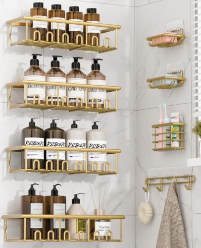 8 Pack Adhesive Large Capacity No-Drilling Shower Caddy, Gold