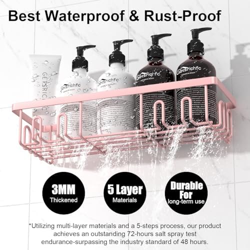 Getsrichfc Shower Caddy Adhesive, Rustproof Shower Shelves for Inside Shower, Large Capacity Bathroom Organizers and Storage, Shower Storage with Removable Hooks, No Drill Bathroom Accessories Pink