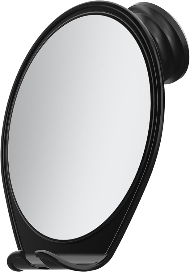 HONEYBULL Fogless Shower Mirror for Shaving with Suction Mount, Black | Shatterproof Acrylic Bathroom Accessory With 360 Swivel & Built-in Razor Hook, Clear Reflection in Steam & No-Drill Setup