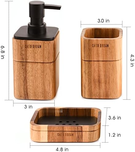 Bathroom Accessory Set Acacia Wood 3 Pieces Includes Bathroom Soap Dispenser, Bathroom Tumbler, Soap Dish Accessories for Bathroom Decor and House Warming Gift