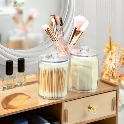 Gredecor 4 Pack Beige Qtip Holder Organizer Dispenser Clear Bathroom Storage Canister Cotton Ball Holder Bathroom Containers for Cotton Swabs/Pads/Floss
