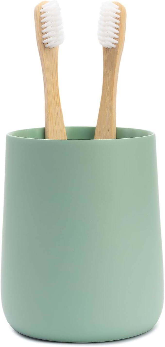 Yew Design Matte Sage Green Toothbrush and Toothpaste Holder and Cup for Bathroom Vanity and Countertop, Round Organizer for Electric Toothbrushes, Floss, Razors, Cotton, and Mouthwash