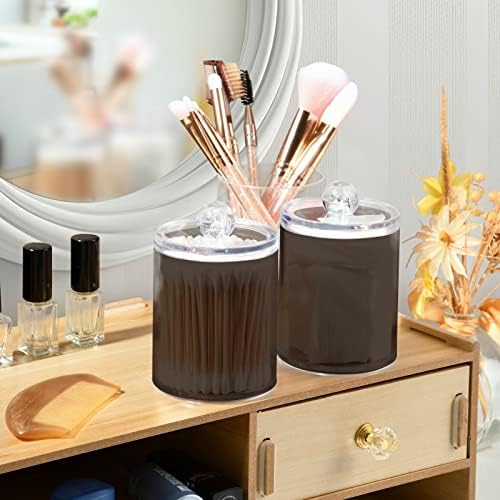 SHJI Brown Qtip Holder Organizer Dispenser Cotton Swabs Cans Plastic Jars with Lid Set 2 Pack Bathroom Storage Canister for Cotton Ball Floss Cotton Pads