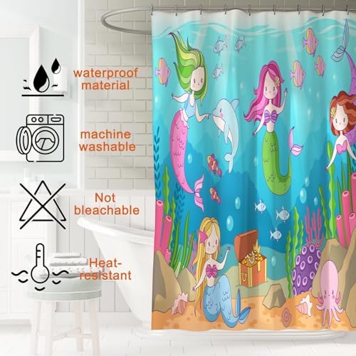 4 Pcs Mermaid Bathroom Set Sea Ocean Shower Curtain Sets with Non-Slip Rugs Toilet Lid Cover and Bath Mat Set, Kids Girl Bathroom Decor with 12 Hooks