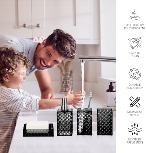 Bathroom Accessory Set, Grid Pattern 4 Pcs Plastic Bathroom Set, Black