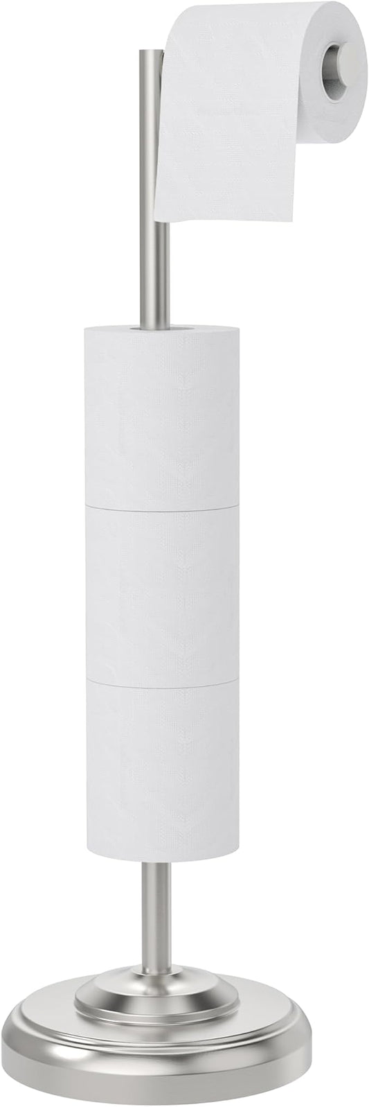 Toilet Paper Holder Stand with Storage 4 Extra Rolls, Brushed Nickel | 304 Stainless Steel, Stable Weighted Base,Space-Saving, Classic Retro Style Bathroom Storage Organizer Waterproof & Rustproof