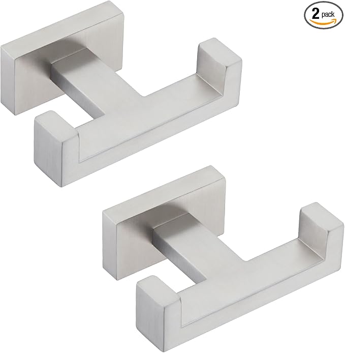 APLusee Double Bath Towel Hook 2 Pack, 304 Stainless Steel Square Dual Coat Holder, Modern Bathroom Kitchen Storage Hanger Wall Mounted, Brushed Nickel