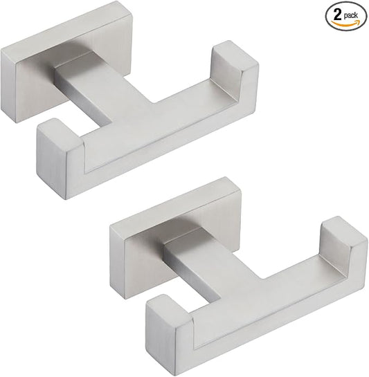 APLusee Double Bath Towel Hook 2 Pack, 304 Stainless Steel Square Dual Coat Holder, Modern Bathroom Kitchen Storage Hanger Wall Mounted, Brushed Nickel