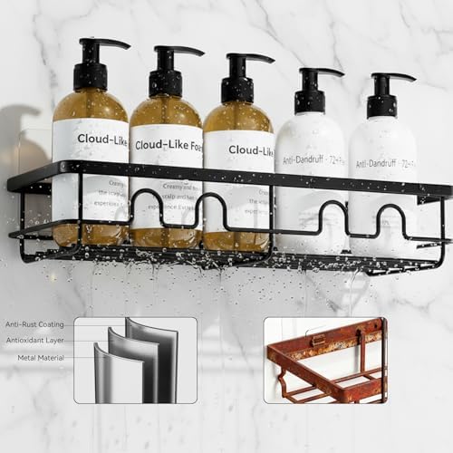 Adhesive Shower Caddy, Large Capacity Shower Racks for Inside Shower, No Drill Bathroom Shower Organizer and Storage, 4 Pack Black Bathroom Shelves, Home Decor Rv Accessories, Apartment