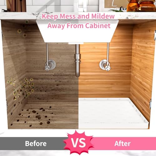 Sdpeia Under Sink Mat 25"×19" Waterproof Silicone Cabinet Liner & Sink Protector for Kitchen & Bathroom, Multi-Purpose Organizers Tray for Pets, Laundry, Cat Litter Mat, White