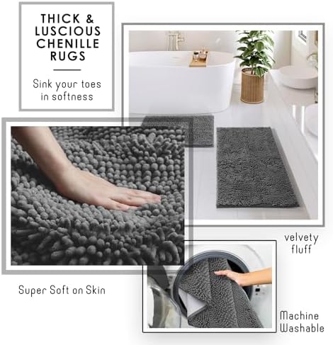 Clara Clark Bathroom Accessories Set - 27PC Bathroom Set with Adhesive Corner Shower Caddy Hanging, Bathroom Sets with Shower Curtain and Rugs, Grey Shower Curtain Set with Bathroom Trash Can