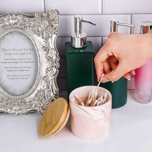 Pink Qtips Dispenser, Marble Cotton Ball Holder, Bathroom Storage Jars for Storage Cotton Swab, Round Pads, Floss Picks (2Pcs)