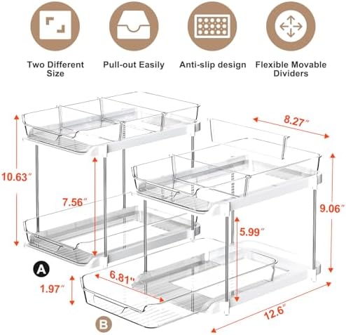 Delamu 2-Tier Multi-Purpose Bathroom Under Sink Organizers and Storage, Stackable Kitchen Pantry Organization, Pull Out Medicine Cabinet Organizer with Movable Dividers, White, 2 Pack